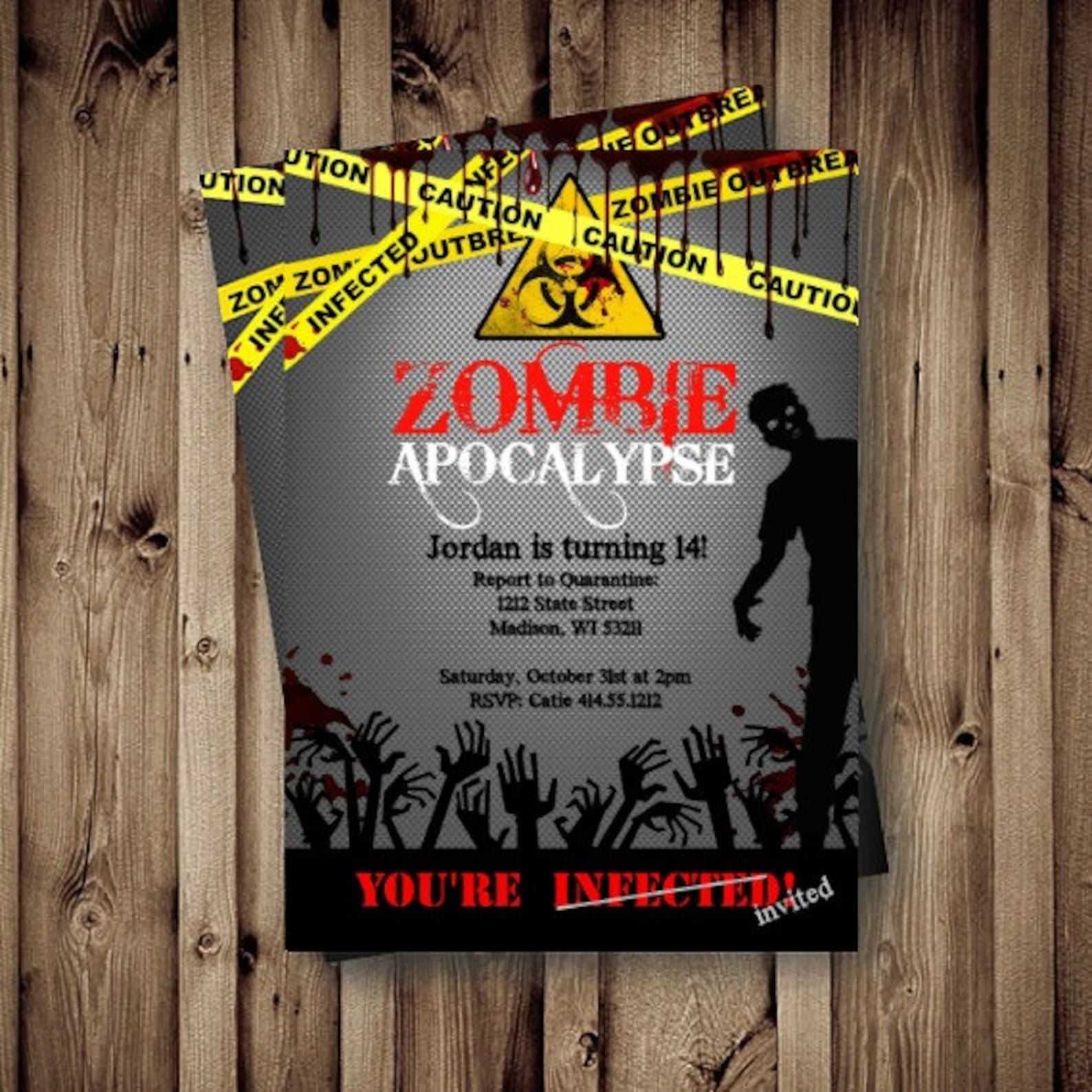 Zombie Birthday Invitation Zombie Party Apocalypse Red Yellow Etsy