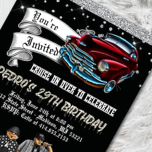 May include: Black invitation with a red classic car illustration. The text reads "You're Invited" on a banner, and "Cruise on over to celebrate Pedro's 29th Birthday". Additional details include date, time, and RSVP information.