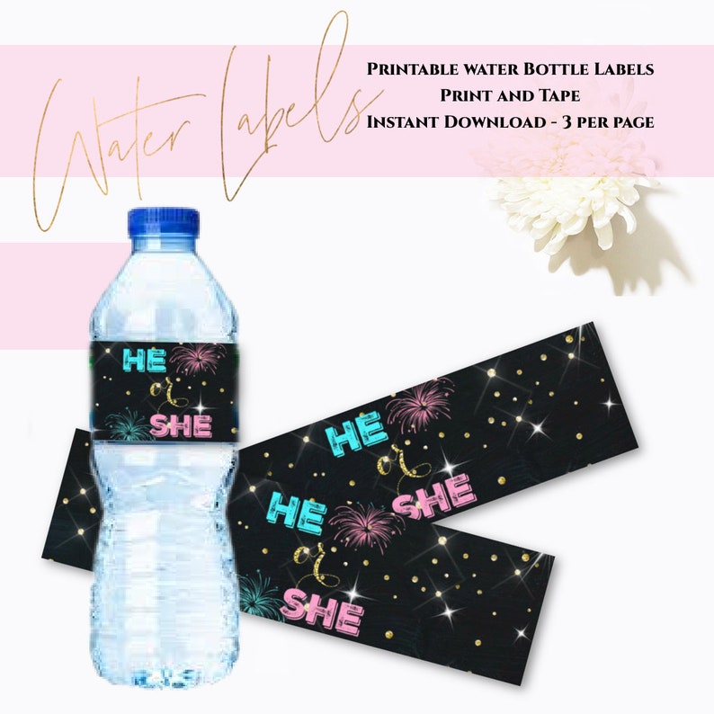 May include: A clear water bottle with a blue cap and a black label that says "HE or SHE" in teal and pink, with fireworks illustrations. The text "PRINTABLE WATER BOTTLE LABELS" is at the top.