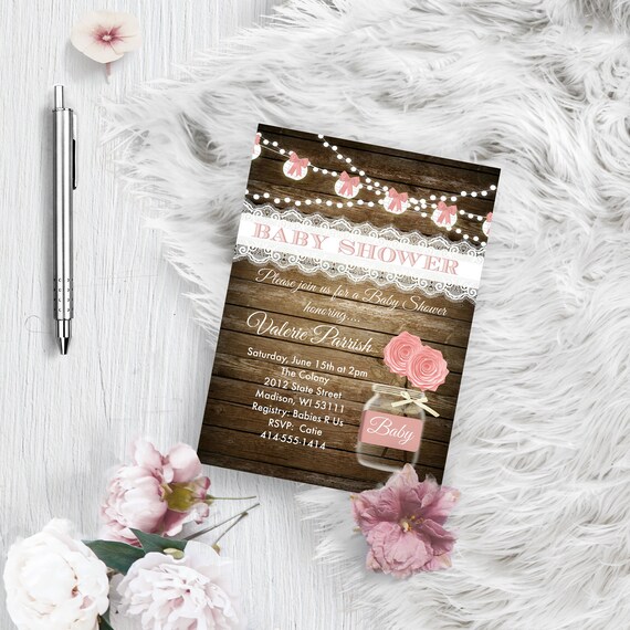Rustic Baby Shower invitation girl pink shabby chic lace wood printable or printed pink and white bows baby shower invite for girls baby 5x7 Il_570xn