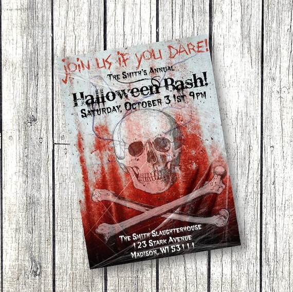 Adult Halloween Party Invitation Bloody Skulls scary halloween bash crossbones spooky haunted 5x7 printable or printed invitation Il_570xn