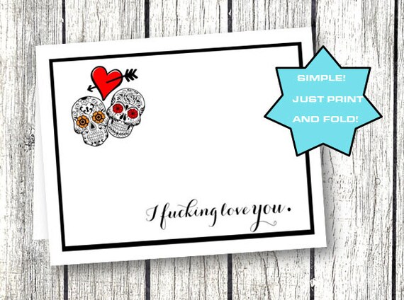 Naughty Valentines Day Card for him her funny birthday anniversary sugar skulls rockabilly boyfriend girlfriend heart red foldable printable Il_570xn