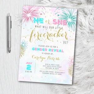 May include: A gender reveal invitation with a watercolor background in pink and blue. The text reads "He or She, What Will Our Little Firecracker Be?" with details for the event, including the date, time, and location.
