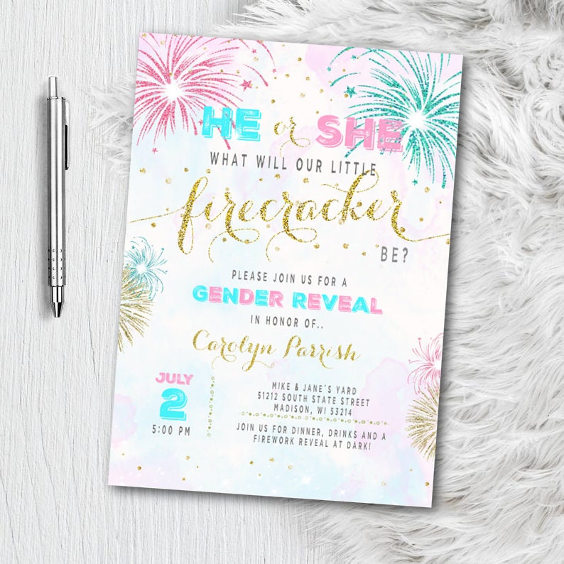 May include: A gender reveal invitation with a watercolor background in pink and blue. The text reads "He or She, What Will Our Little Firecracker Be?" with details for the event, including the date, time, and location.