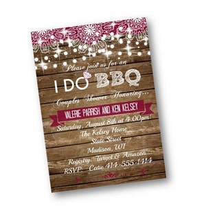 I Do BBQ Rustic Bridal Shower Invitation barbeque cookout couples shower wood and lace with string of lights printed printable plum burgundy