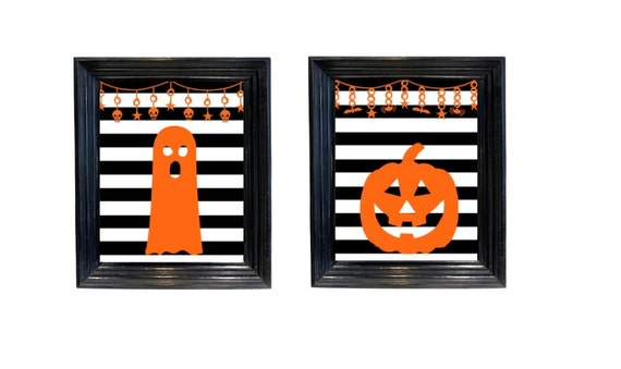 Halloween Decor Striped Pumpkin and ghost set printable wall art pictures scary art 8x10 downloadable printable Il_570xn