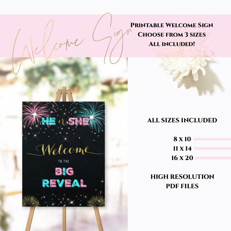 May include: A printable welcome sign for a gender reveal party. The black sign features pink and blue fireworks, the text "He or She", and "Welcome to the Big Reveal". Includes 8x10, 11x14, and 16x20 sizes.