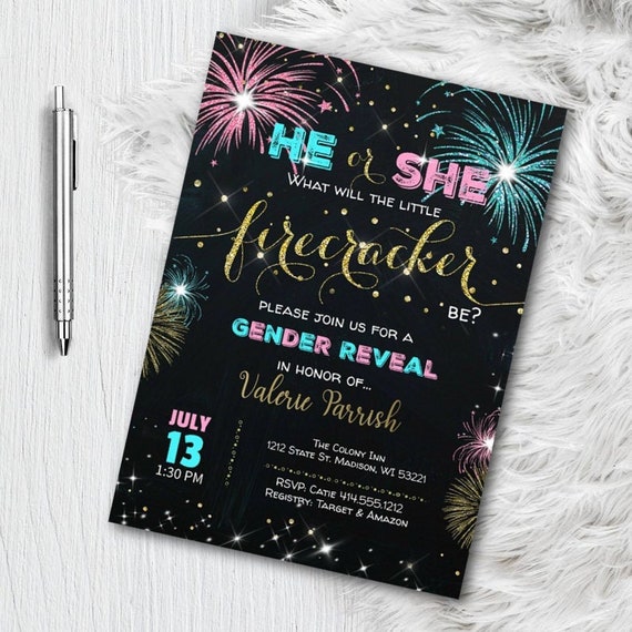 Firecracker Gender Reveal Invitation, Firework Invitations, Little Firecracker, Boy or Girl, Printed invitations with envelopes or digital