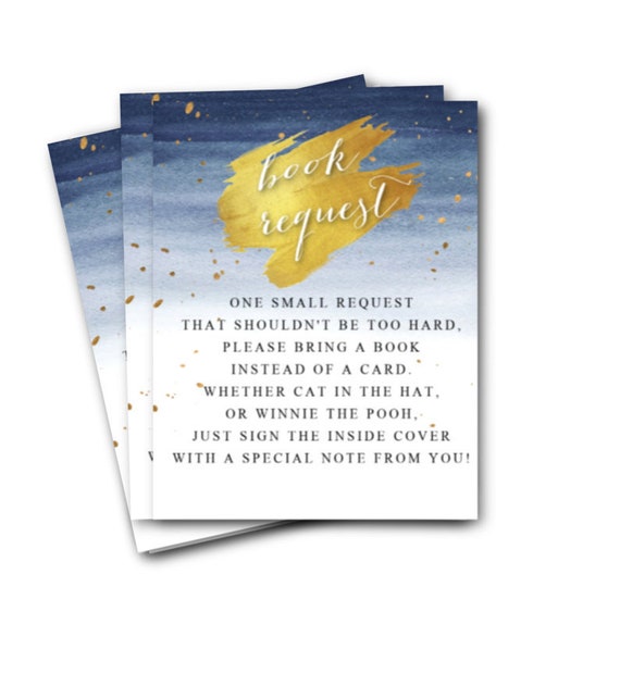 Baby Shower Book Request Insert Cards - Printed or Printable - Navy Blue and Gold Watercolor - Please Bring a book instead of a card P01 Il_570xn