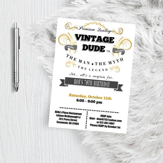 Vintage Dude Birthday Invitation Adult Man / Men - 30th - 40th - 50th - 60th - 70th - 80th ANY AGE - White and Gold Birthday Party Invite Il_570xn