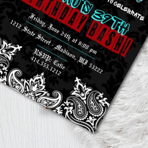 May include: Black and white invitation with paisley and floral patterns. The text reads "39th Birthday Bash!" with event details: Friday, June 24th at 6:00 pm, 1212 State Street, Madison, WI. RSVP information is also included.