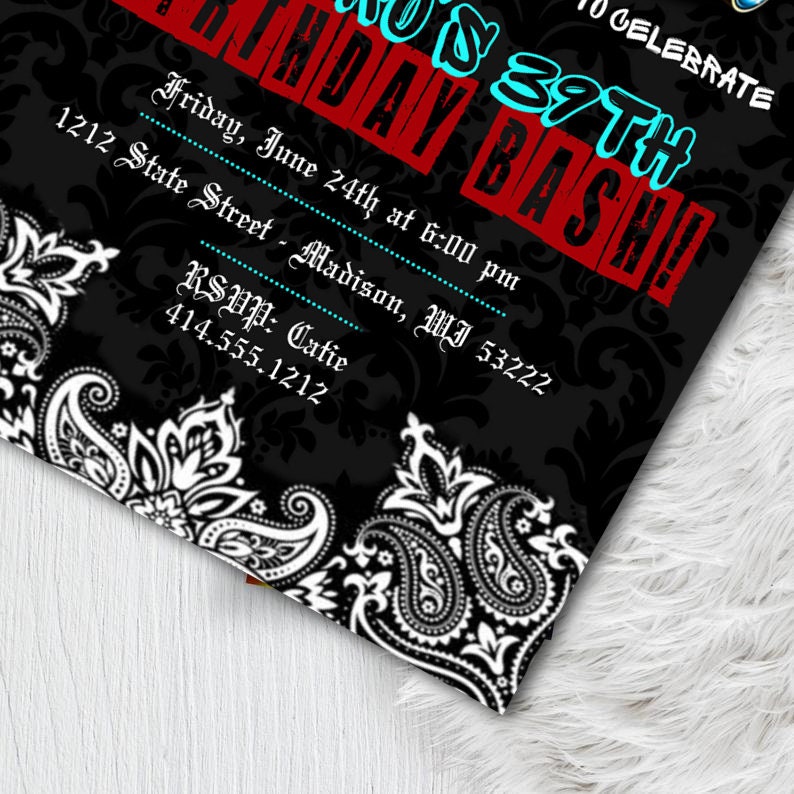 May include: Black and white invitation with paisley and floral patterns. The text reads "39th Birthday Bash!" with event details: Friday, June 24th at 6:00 pm, 1212 State Street, Madison, WI. RSVP information is also included.