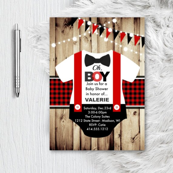 Lumberjack Baby Shower invitation Boy bowtie Christmas buffalo check plaid red black Little Man rustic oh boy little man shower invite P03 Il_570xn