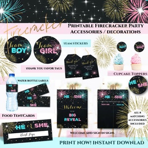 May include: Printable firecracker party accessories and decorations. Includes team stickers, thank you favor tags, water bottle labels, food tent cards, cupcake toppers, welcome and sign in signs, and more. Features a black background with pink, blue, and gold accents.
