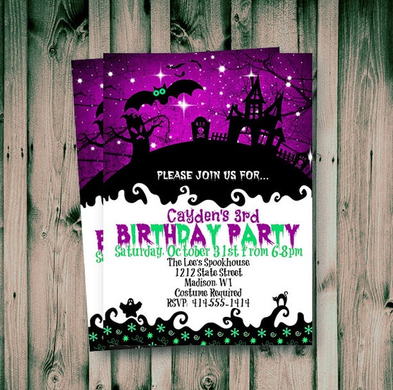 Halloween birthday Invitation kids boy girl whimsical Halloween haunted house printable purple Halloween Holiday invite 5x7 download invites Il_570xn