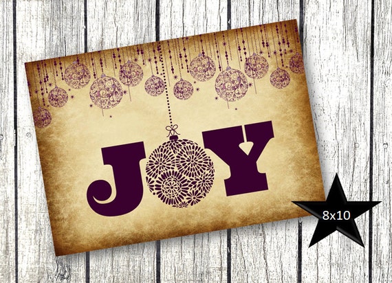 Vintage Christmas Decor Printable Picture Joy vintage rustic background with purple plum holiday ornaments 8x10 Il_570xn