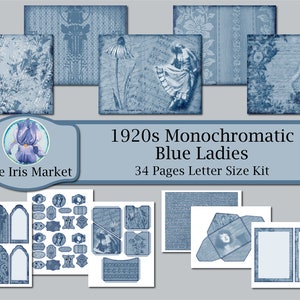 1920s Monochromatic Blue Ladies; Junk Journal Kit; 34 Pages; Digital Printable; Letter Size; Grungy Overlays; Vintage Women