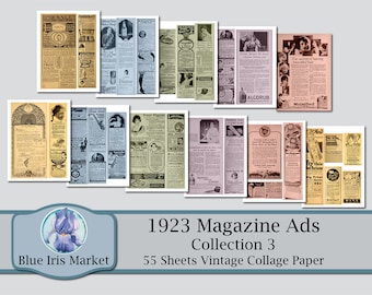 1923 Zeitschriften-Anzeigen-Collage-Papier; KOLLEKTION 3; Digital bedruckbar; Kommerzielle Nutzung; Vintage Werbung; Reißblätter; Junk Journal; Hintergrund