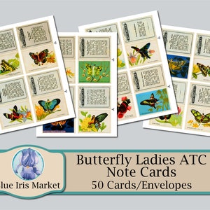Butterfly Fairy Flapper Lady ATC Note Cards; 50 Printable Designs; Vintage Cigarette Card Scans; For Junk Journals Mixed Media Collage Etc.