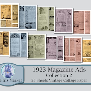 Papel de colagem de anúncios de revistas de 1923; COLEÇÃO 2; Impressão digital; Uso comercial; Publicidade Vintage; Rasgar folhas; Jornal Lixo; Fundo