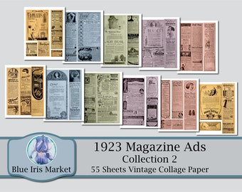 1923 Zeitschriften-Anzeigen-Collage-Papier; KOLLEKTION 2; Digital bedruckbar; Kommerzielle Nutzung; Vintage Werbung; Reißblätter; Junk Journal; Hintergrund