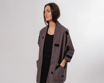 Grey Long Length Jacket/ Black Applique / Batwing Jacket / Grey Organic Cotton Canvas / 3/4 Sleeves / Jacket with Pockets / Potters Jacket