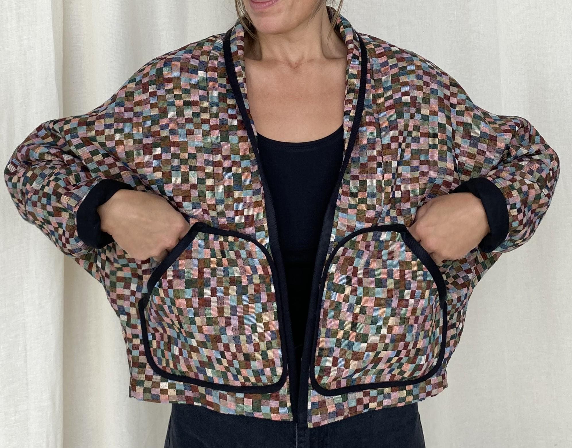 Multi Coloured Check Jacket With Black Trim - Etsy