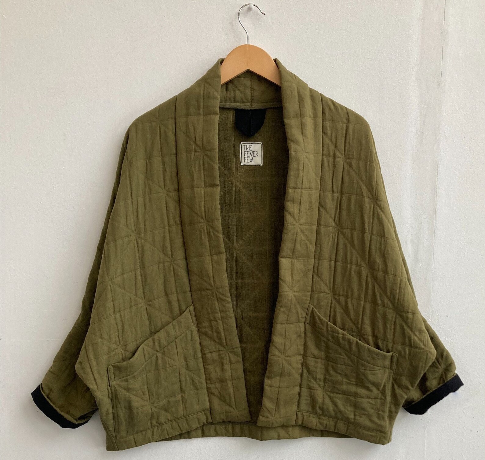 Short Quilted Jacket / Khaki Green / Batwing / 100 Cotton / Etsy
