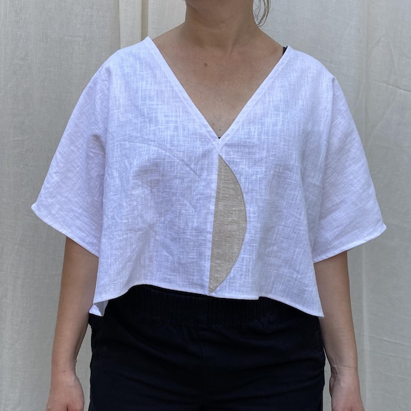 Cropped asymmetric linen top with moon applique detail - white