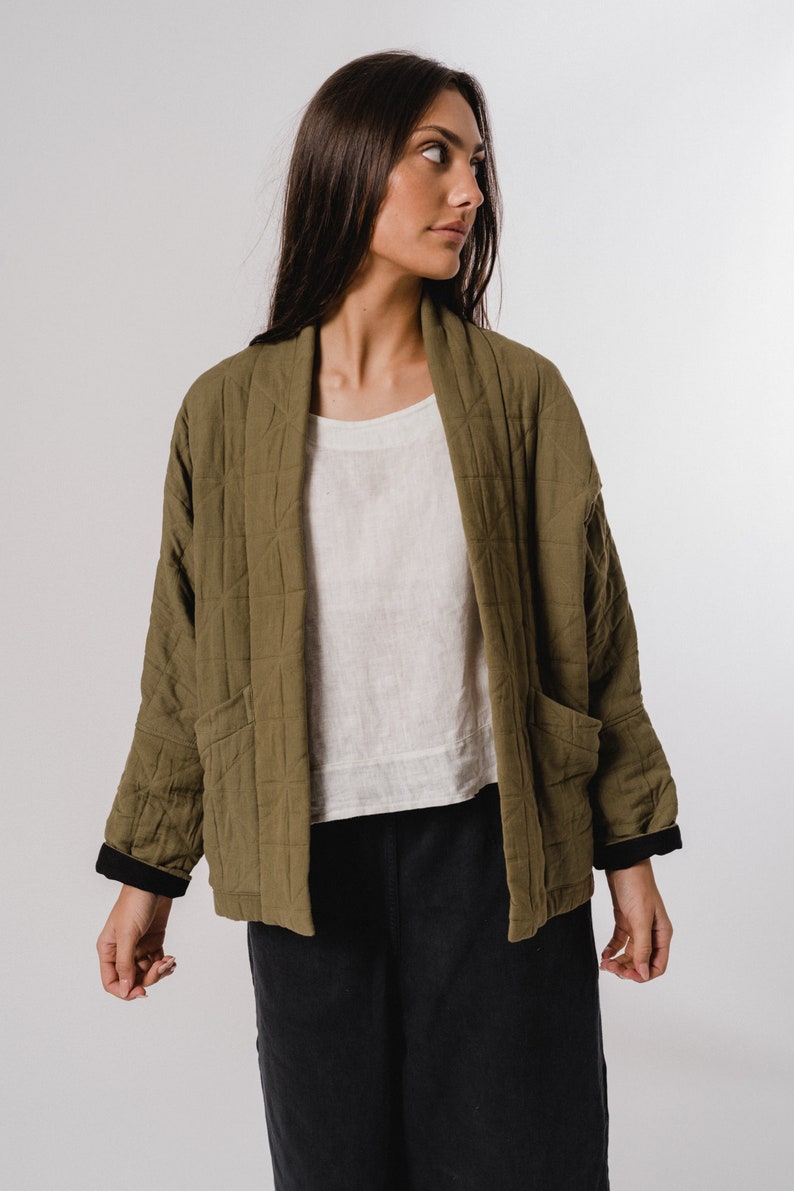 Short Quilted Jacket / Khaki Green / Batwing / 100% Cotton / - Etsy