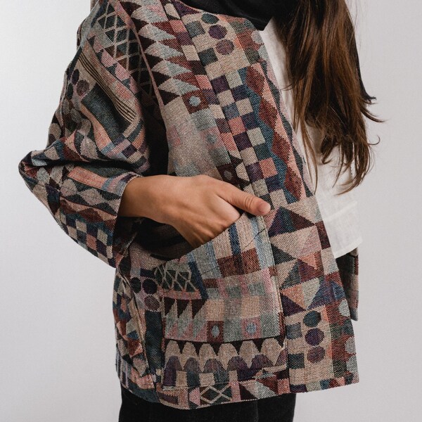 Clay Woven Batwing Jacket with narrow cuffs and Minimalist Design