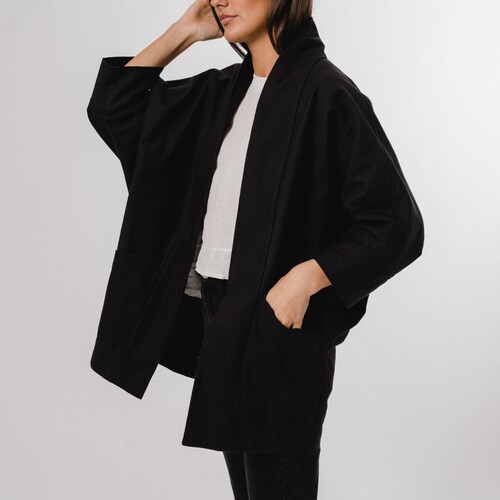Long / Veste chauve-souris noire / Veste carrée / Toile de coton biologique / Veste avec poches / Veste ample / Veste Potter