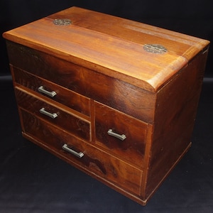Japanese TANSU Chest Jewelry Box w 4 Drawer & Top Storage Lacquered Wood Fine Grain