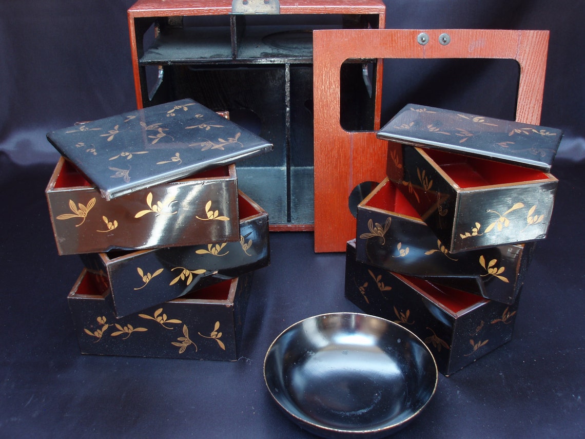 BENTO Picnic Lunch Box Set Lacquered Wooden Japanese Vintage Antiques