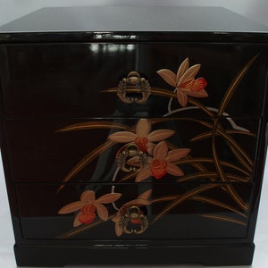 Lacquered Mini TANSU Japan Vintage Traditional Mobile Chest Cabinet w 3 Drawers