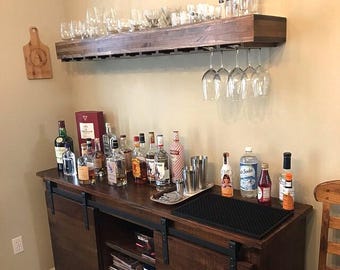 floating shelf, wine glass shelf, bar room shelf, wood shelves, shelves for wine glasses, bar shelf, rustic home decor, stemware rack, shelf