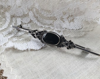 Vintage sterling silver pin, old goth pin, onix 925 pin, onix sterling pin, old silver and black pin, vintage onix black sterling silver pin