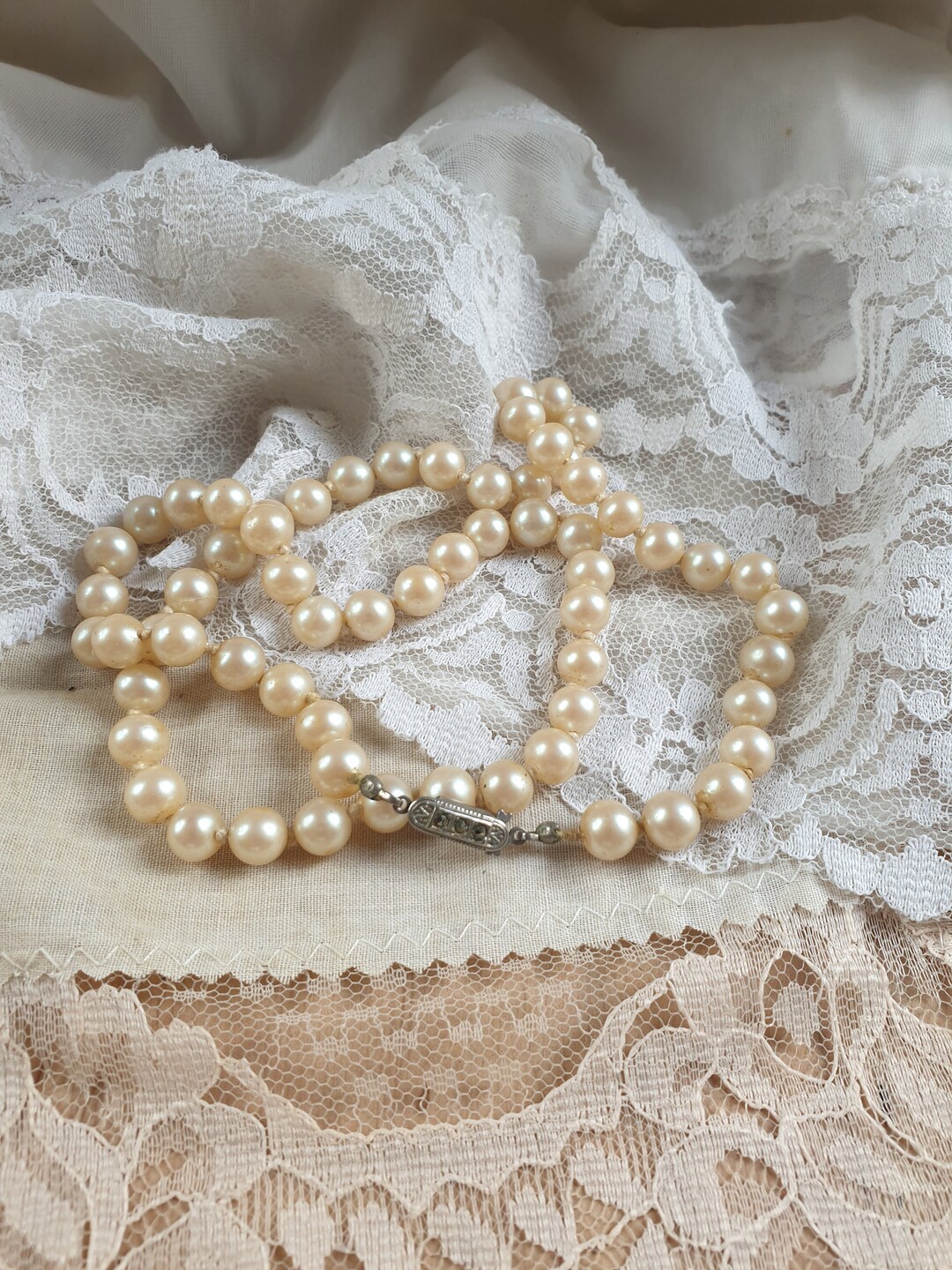 Vintage Pearl Sterling Necklace Old Glass Pearl Necklace Etsy