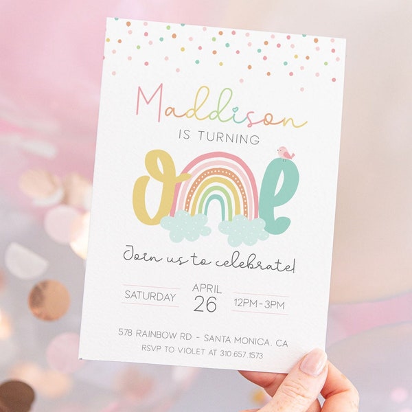 Rainbow First Birthday Invitation | 1st Birthday Invitation Template | Editable Rainbow Invite | Boho Party | DIY Digital | Print or Text