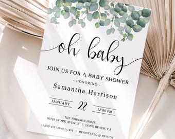 Eucalyptus Baby Shower Invitation, Oh Baby Invite (Digital Download)
