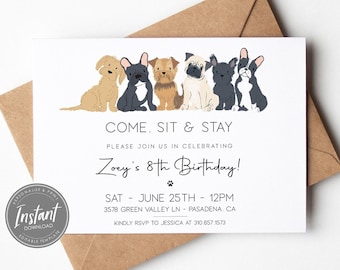 Dog Birthday Invitation | Editable Puppy Birthday Invitation | Printable Invite Template | Dog Themed Party | Come Sit Stay | Print or Text