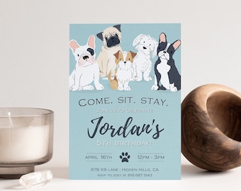 Dog Birthday Invitation | Dog Party Invitation | Editable Template | Dog Birthday Party Invite | Puppy Party Come Sit Stay | Print or Text