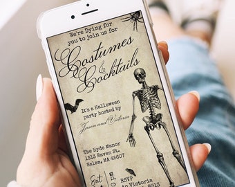 Vintage Skeleton Halloween Invite, Halloween Party Invitation Template, Digital Costume Invite, Editable Adult Halloween, Instant Download