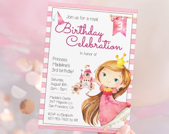 Plantilla de invitación de princesa, invitación de cumpleaños de princesa, invitación de fiesta de princesa, cumpleaños real, invitación de princesa editable, invitación de bricolaje