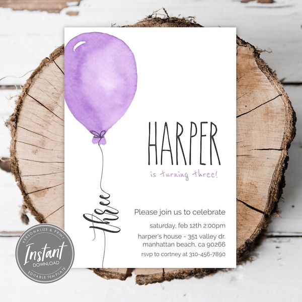 Third Birthday Invitation Template | Editable 3rd Birthday Invite | Digital Party Invitation | Watercolor Purple Balloon | Print or Text