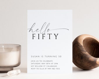 Minimalist 50th Birthday Invitation | Fiftieth Birthday Invitation | Editable Party Invitation Template | Hello 50 Modern Digital Invite