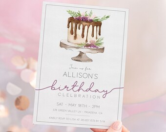 May include: A watercolor illustration of a chocolate cake with flowers on top. The invitation reads "Join us for Allison's birthday celebration, Sat May 18th - 2pm, 518 Green Valley Ln - Pasadena, CA. Kindly RSVP to Lisa at 310 657 1573 by 5/14."