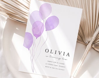 Plantilla de invitación con globos: Globos lavanda, invitación de cumpleaños para niña, invitación editable para fiesta en color morado, globos acuarela, descarga digital.