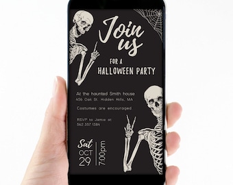 May include: A black and white digital invitation with a skeleton graphic and the text "Join us for a Halloween Party". The invitation includes the date, time, and location of the party.