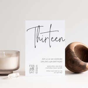 Minimalist 13th Birthday Invite, Editable Thirteenth Birthday Invitation, Digital Party Invitation Template, Simple Modern, Print or Text